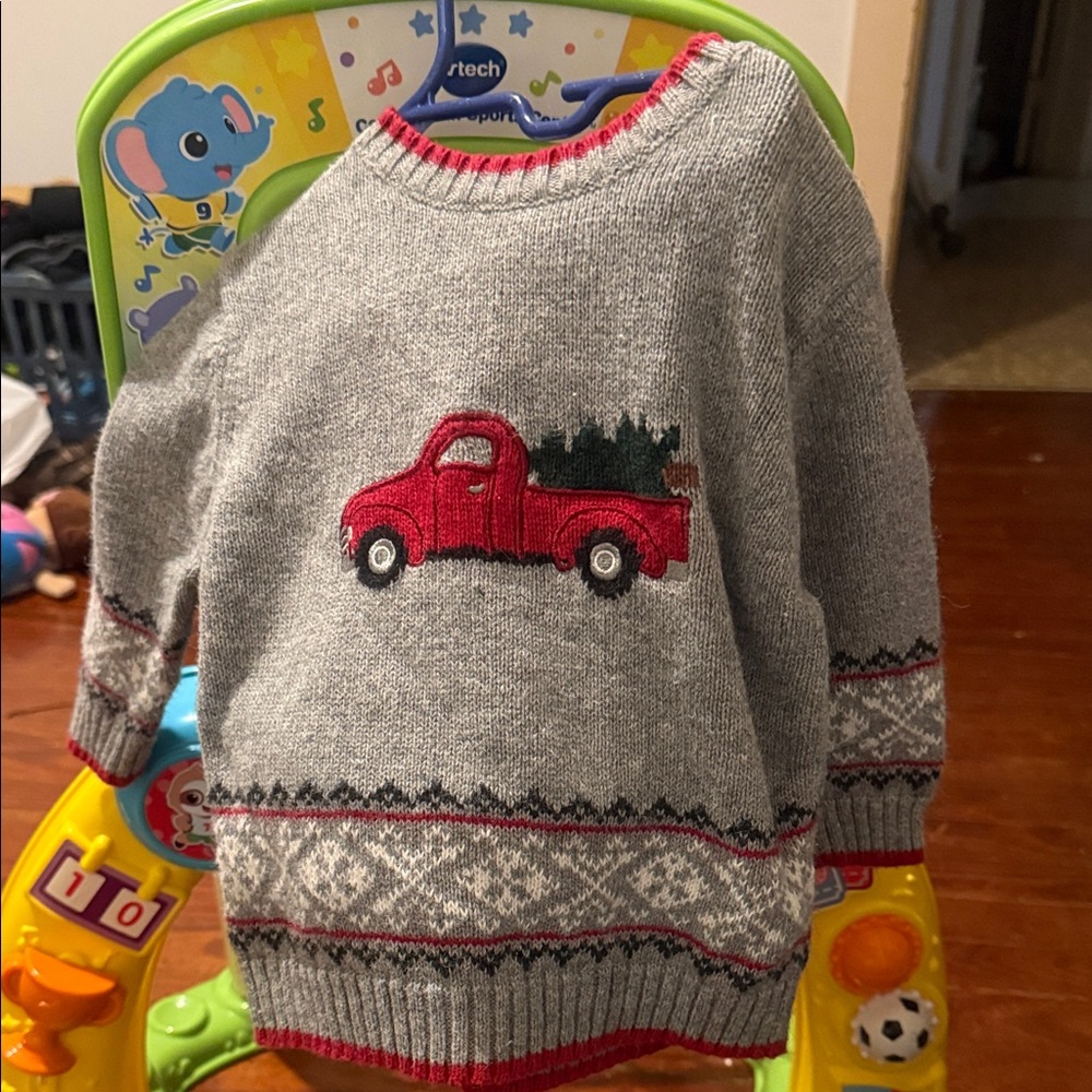 Gray Kids Sweater with Red Truck Design